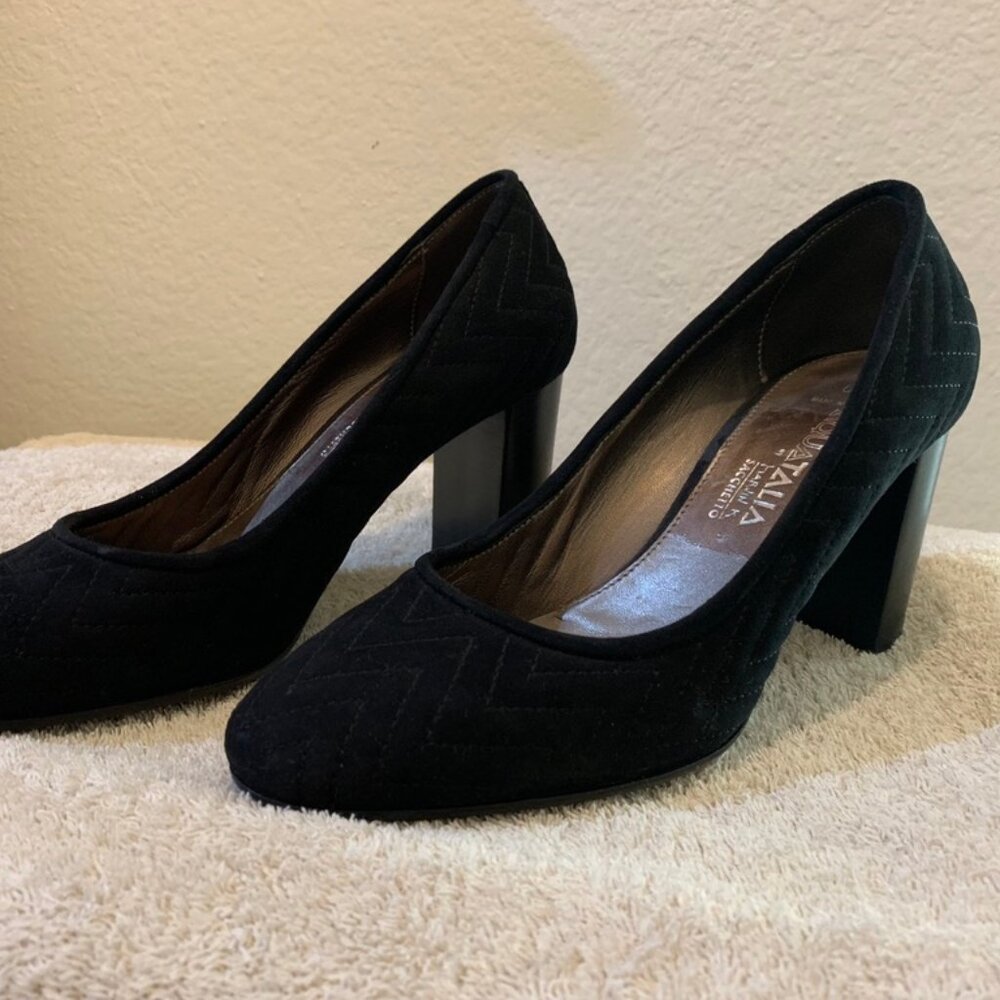 Aquatalia Marvin K Vero Cuoio Stitched Black Suede Round Toe 3" Pumps Size 6.5 - Picture 3 of 5